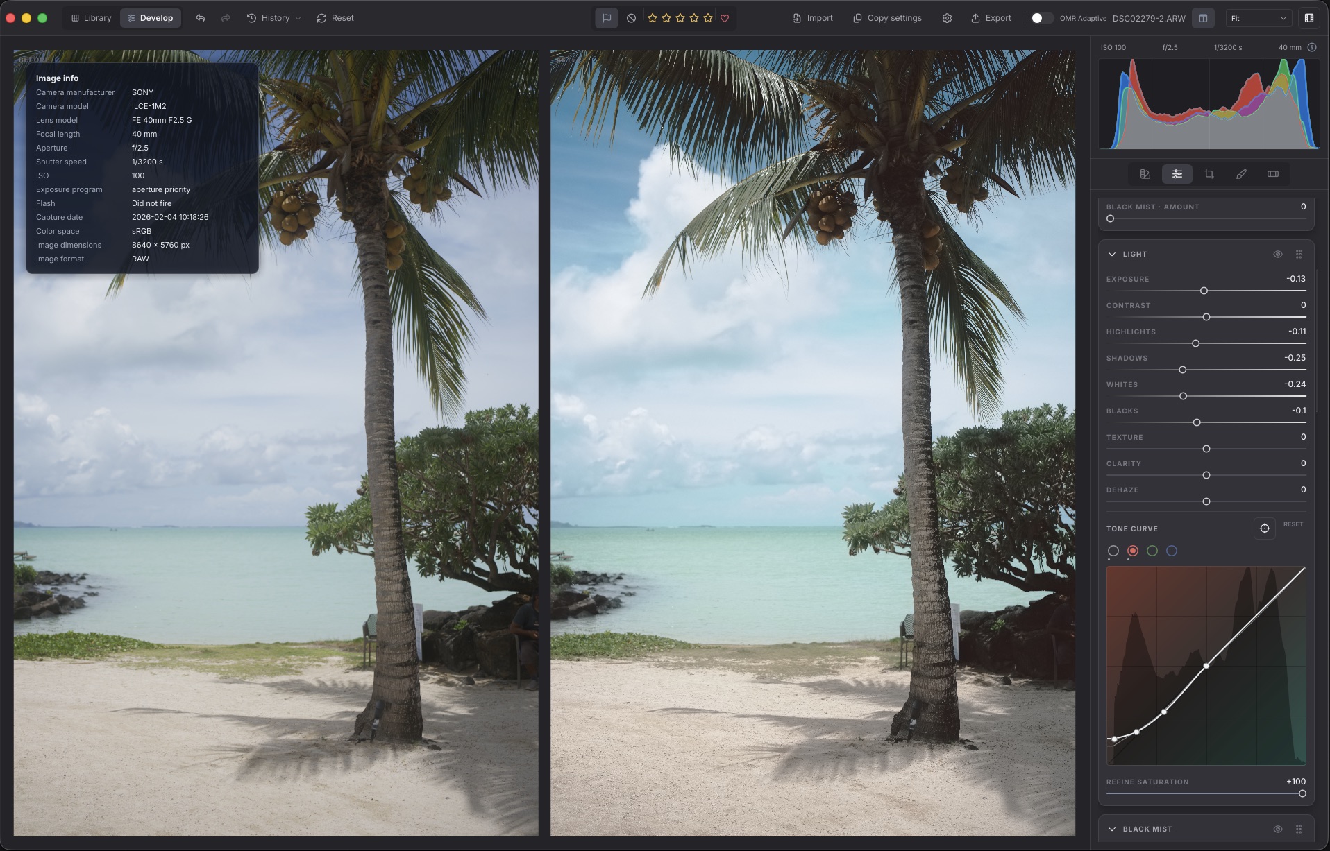OhMyRAW developing a beach scene, the original and the developed frame side by side, with the tone curve and light sliders open