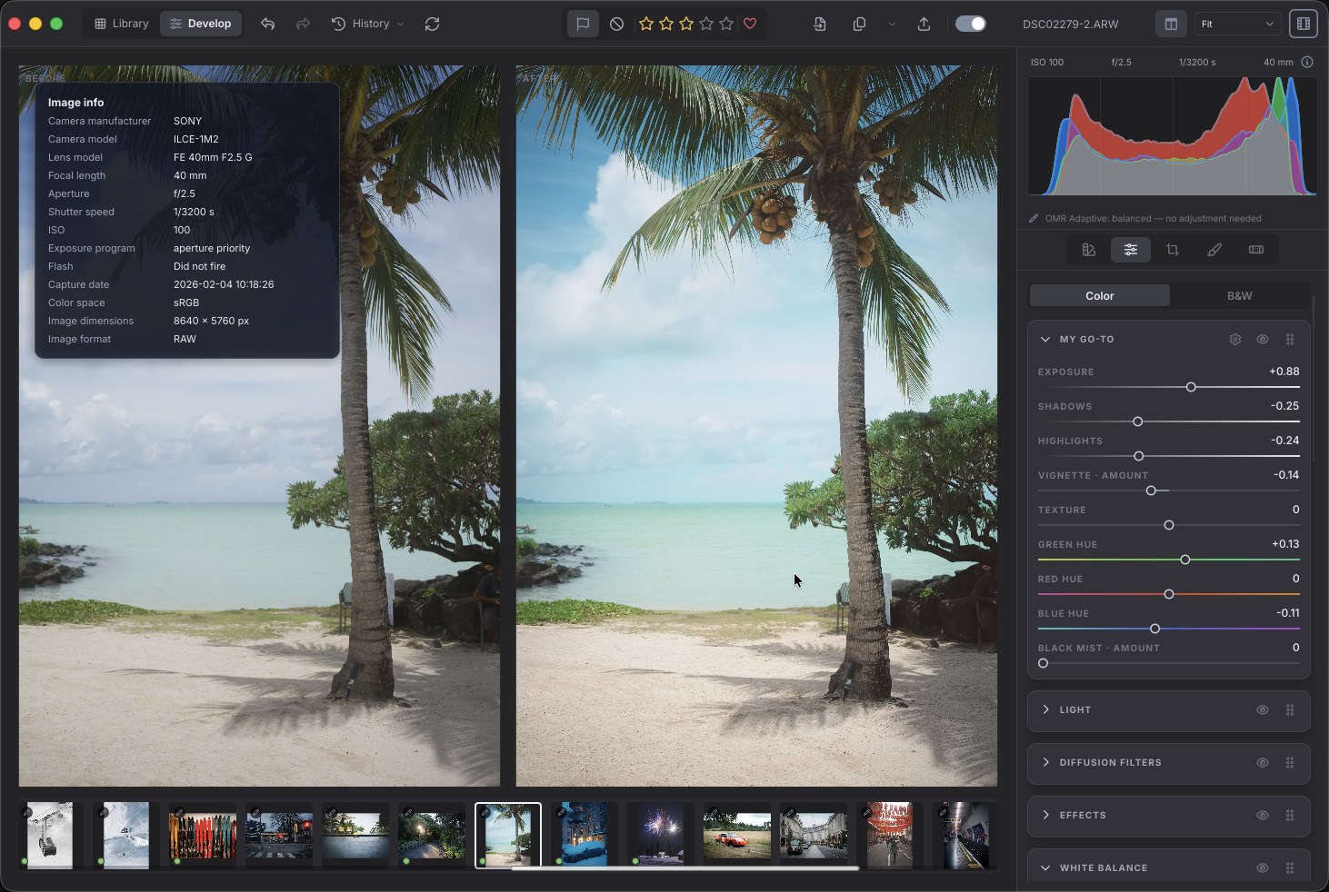 OhMyRAW developing a beach scene, the original and the developed frame side by side, with the image info card and the My Go-To sliders open