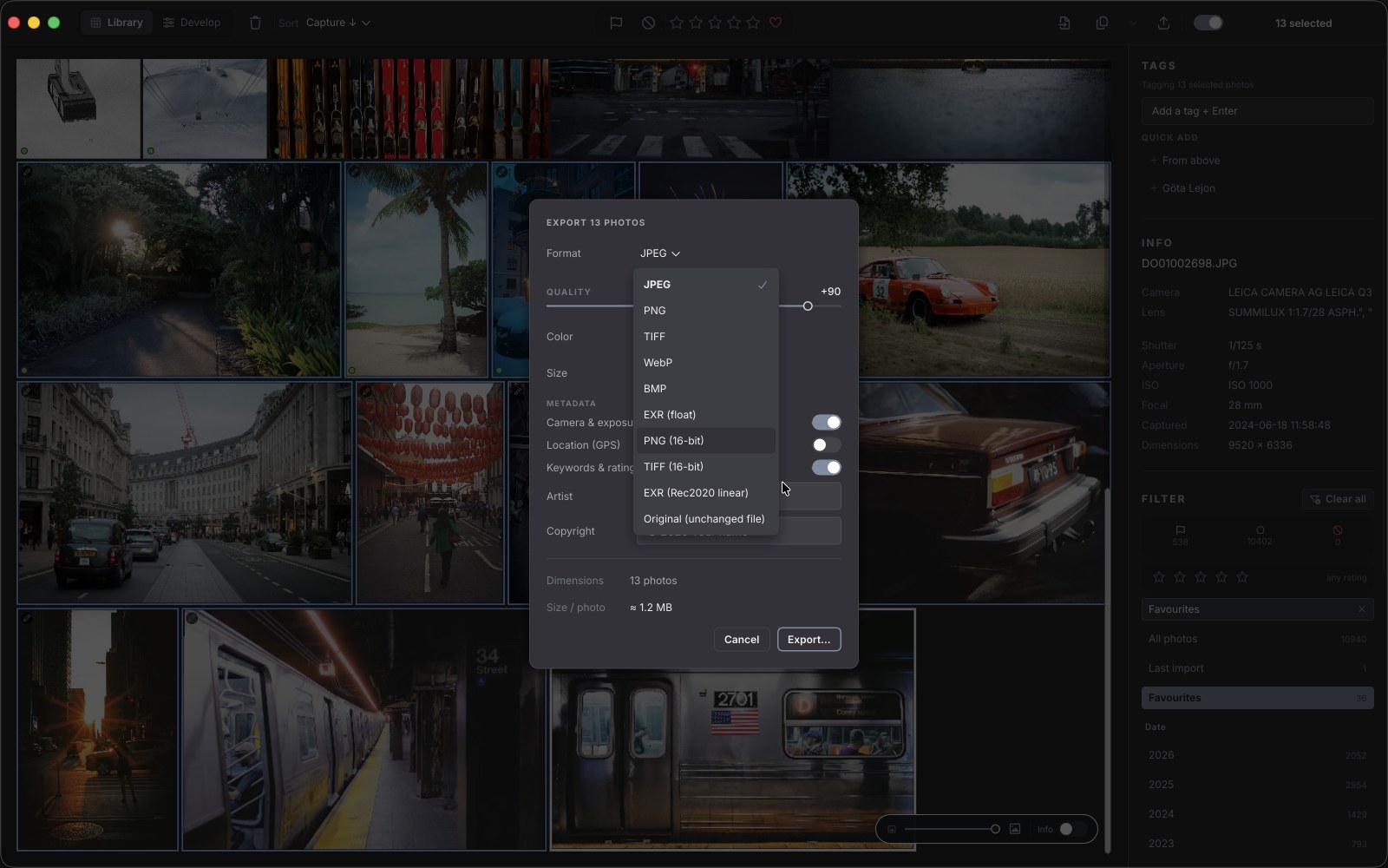 The OhMyRAW export dialog over the library — thirteen photos selected, the format menu open with JPEG, PNG, TIFF, WebP, 16-bit, EXR and the untouched original