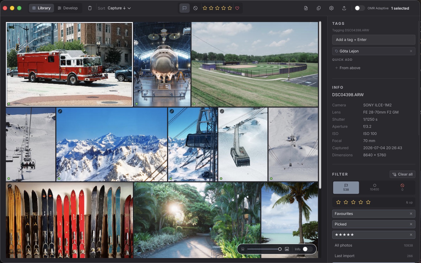 The OhMyRAW Library — a grid of photos with the tags, info and filter sidebar open