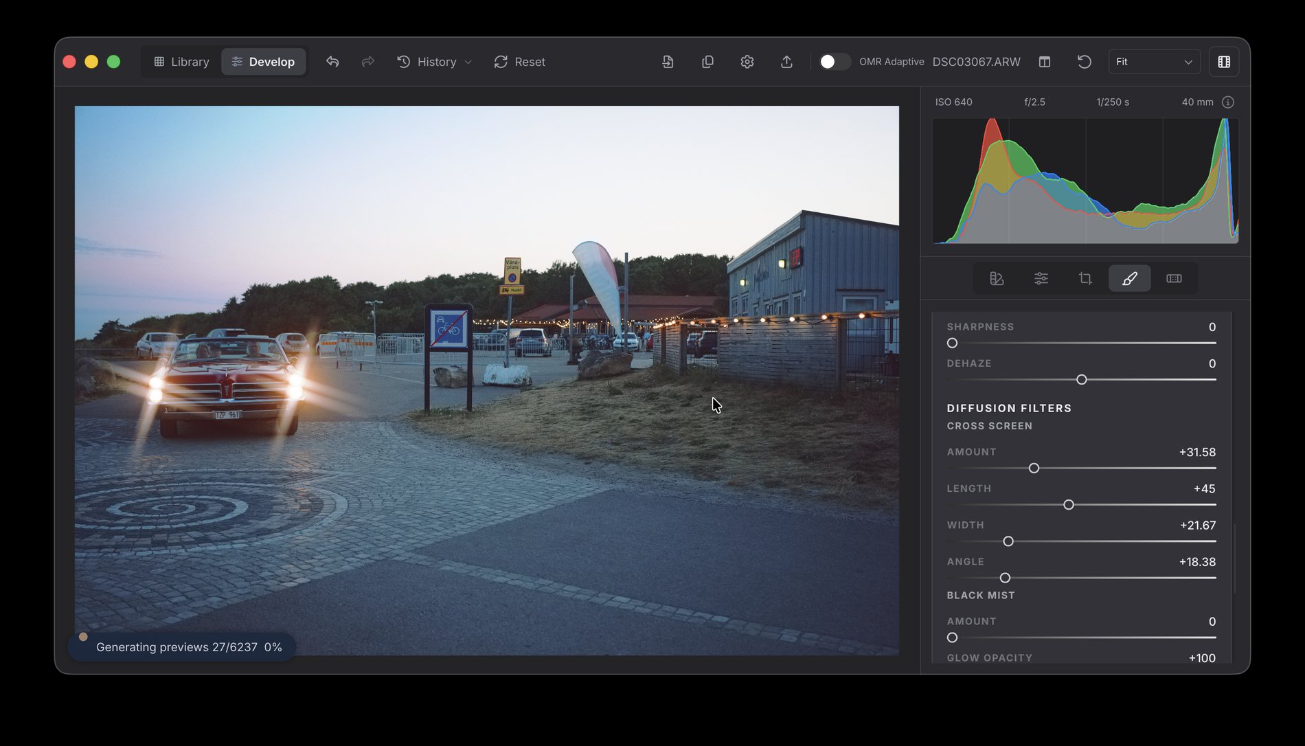 OhMyRAW developing a convertible at dusk — four-point stars on the headlights and smaller ones on the string lights behind, with a mask's Cross Screen amount, length, width and angle open