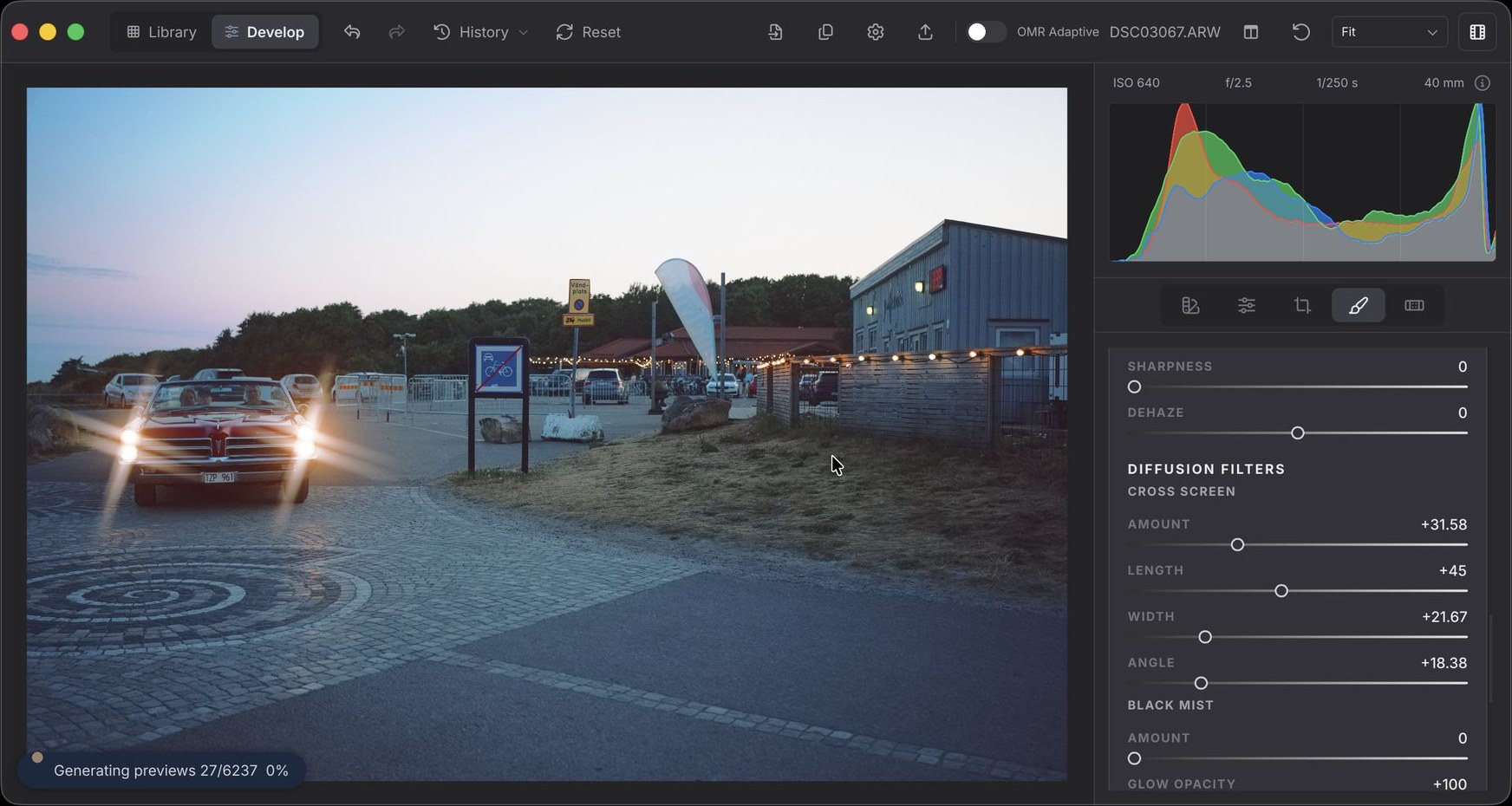 OhMyRAW developing a convertible at dusk — four-point stars on the headlights and smaller ones on the string lights behind, with a mask's Cross Screen amount, length, width and angle open