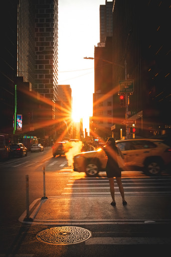A city crossing at sunset rendered with OMR Super, before any preset